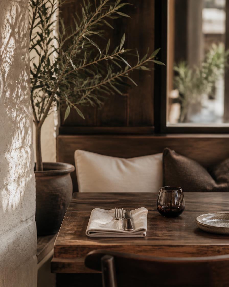Detail dřevěného stolu a posezení v interiéru restaurace